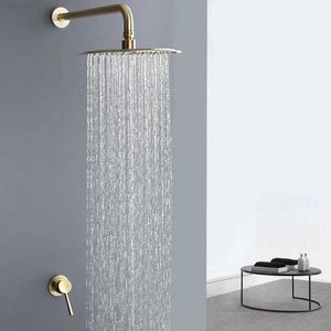 Badkamer Douchekoppen Badkamer Doucheset Geborsteld Goud 10 Inch Verborgen Douchekop Top Spray Regelklep Systeem Messing Regensproeier MengkraanL2403