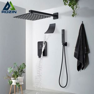 Pommeaux de douche de salle de bain ensemble de robinets noirs système de pluie mural encastré mitigeur cascade avec bec de baignoire 230620