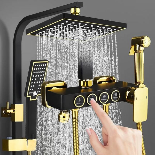 Cabezales de ducha para baño, juego de botones dorados y negros, potenciador de boquilla y sistema de frío, accesorios para el hogar de latón 231216