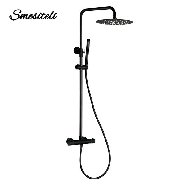 Pommeaux de douche de salle de bains Ensemble thermostatique noir Système de mitigeur Robinet de baignoire intégré avec inverseur de thermostat Tête de pluie murale portative 231030