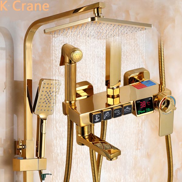 Cabezales de ducha de baño Juego de ducha dorada Baño Sistema de ducha digital inteligente Montaje en pared Grifo de baño termostático SPA Bañera de lluvia Grifo LED Kit completo 230612