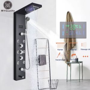 Badkamer Douchekoppen LED Licht Paneel Waterval Regen Digitale Display Kraan Set SPA Massage Jet Kolom Mengkraan Toren systeem 230620