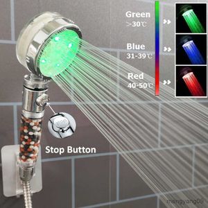 Pommeaux de douche de salle de bain Led capteur de température pommeau de douche coloré avec bouton d'arrêt filtre négatif pommeau de douche haute pression accessoires de salle de bain R230627