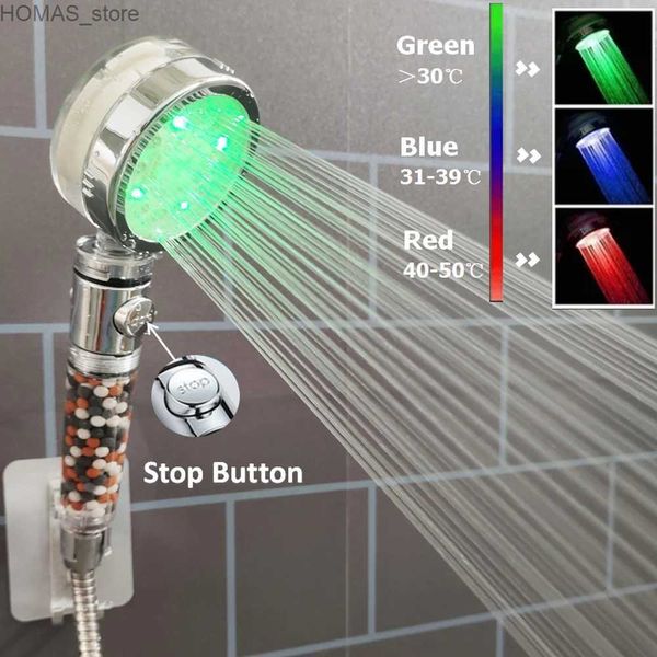 Cabezales de ducha de baño Sensor de temperatura LED Cabezal de ducha colorido con botón de parada Filtro de iones negativos Cabezal de ducha de alta presión Accesorios de baño Y240319