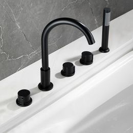 Cabezales de ducha de baño de lujo de latón negro montado en cubierta de 5 agujeros grifo giratorio mezclador de bañera lavabo grifo de agua con rociador 230406