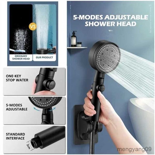 Pommeaux de douche de salle de bain Mode Pommeau de douche haute pression réglable Économie d'eau Douche noire One-key Stop Water Massage Eco Shower Accessoires de salle de bain R230804