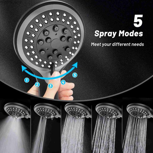 Pommeaux de douche de salle de bain Nouveau noir 5 modes réglable haute pression pomme de douche puissante buse en silicone ABS chromé accessoire de salle de bain portable Y240319