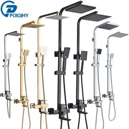 Badkamer Douchekoppen POIQIHY Zwart Kraan Set Wall Mount 8''Regenval Hoofd Met Handheld Sproeier Bad Mixer 230620