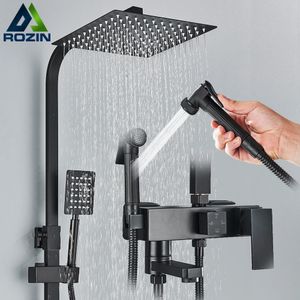 Pommeaux de douche de salle de bains Ensemble de robinets de pluie Rozin avec mitigeur de bidet, système de cabine de bain en laiton mural noir, bec de baignoire 231130