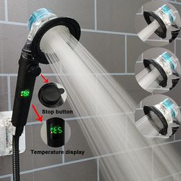 Pommeaux de douche de salle de bain, affichage de la température, tête à hélice Turbo, économie d'eau à haute pression avec bouton d'arrêt portatif 231218