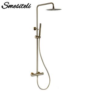 Bathroom Shower Heads Thermostatic Set Brushed Gold Faucet Brass Temperature System Mixer Tap Rain Head Wall Mount Handheld Sprayer 230620