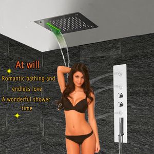 Panel de ducha de baño con chorros de masaje y cabezal de ducha de techo LED Válvula mezcladora termostática de baño Grifo Grifo de ducha de cascada de lluvia GF5326