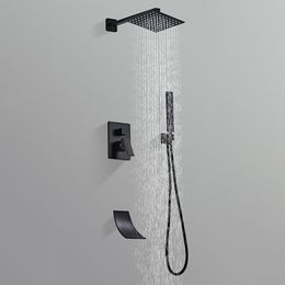 Badkamer Douche Set Zwart Vierkant Regendouche Kraan Muur of Plafond Wandmontage Douche Mixer 10 "Douchekop