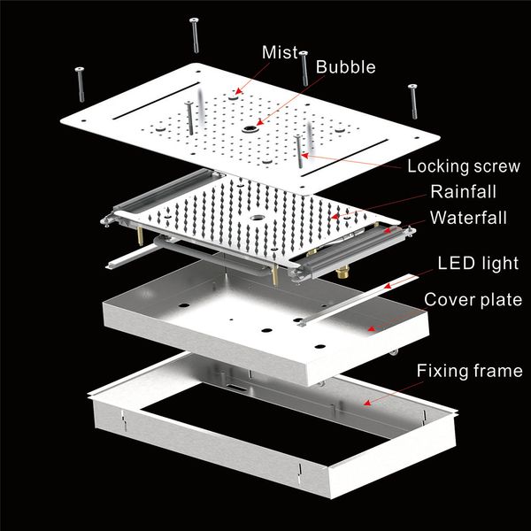 Juego de ducha de baño Cabezal de ducha de techo LED grifo termostático Termostático Panel oculto Mezcladora de baño Lluvia de lluvia Waterfall Mist