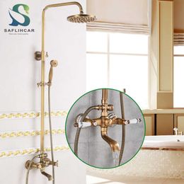 Ensembles de douche de salle de bain 8 "Laiton antique salle de bain robinet de douche ensemble mural double poignée douchette étagère systèmes chauds froids mélangeur système de douche pluie G230525