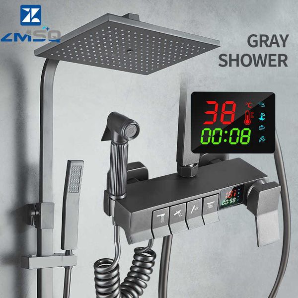 Ensembles de douche de salle de bain Ensemble de douche de salle de bain Thermostat gris Robinet de douche à affichage numérique Mitigeurs Systèmes de douche en cuivre pour robinet de baignoire G230525