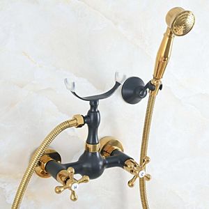 Badkamer douche sets zwarte goud messing badkranen set wand gemonteerde kraankop met handspuit KNA533 bathroom