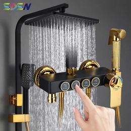 Juegos de ducha de baño Juego de ducha de oro negro SDSN Sistema de ducha de baño termostático Cabezal de ducha de lluvia Grifo de ducha de baño de latón Juego de ducha de oro G230525