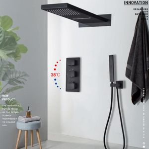 Ensembles de douche de salle de bains, ensemble de robinets thermostatiques noirs, pomme de cascade de pluie avec mitigeur à 3 voies, robinet de bain