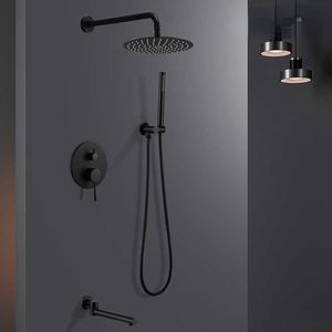 Ensembles de douche de salle de bain Ensemble de pommeau de douche mural noir Robinet d'eau chaude et froide Salle de bains Embedded Round Top Spray Brushed Gold Bath Booster Faucet G230525