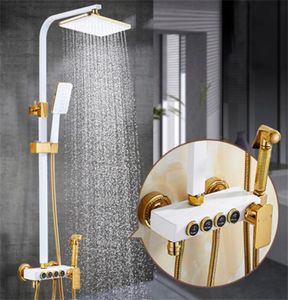 Badkamer douche sets messing regenval set kraan kuip mixer kraan witte kranen en koud water goud muur gemonteerd 2638446