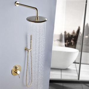Ensembles de douche de salle de bain ensemble de robinet en or brossé mitigeur mural de 10 pouces de haute qualité tout en laiton pluie à deux fonctions