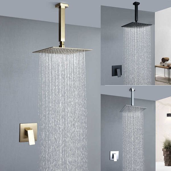 Juegos de ducha de baño Oro cepillado Mate Negro Polaco Grifo de ducha de baño Lluvia Cabezal de ducha cuadrado Montaje en techo superior Conjunto de mezclador de ducha de cascada G230525