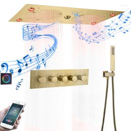 Juegos de ducha de baño Juego de cabeza termostática de oro cepillado 620 320 mm LED con funciones de música Baño de techo empotrado