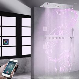 Conjuntos de ducha de baño Sistema de níquel cepillado Conjunto de LED Montaje en pared Música Termostático Grifo de baño Lluvia
