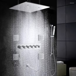 Conjuntos de ducha de baño, cabezal de lluvia montado en el techo con rociador de mano, sistema termostático cromado pulido
