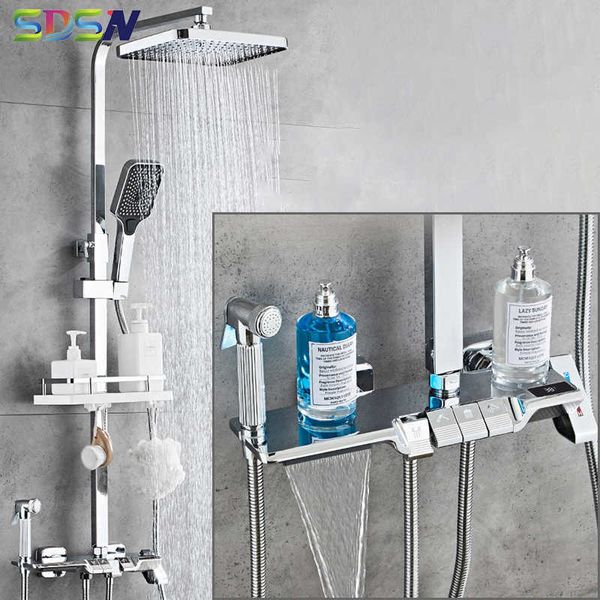 Juegos de ducha de baño Juego de ducha de piano cromado Montado en la pared Latón Frío y caliente Grifos de baño Grifo Sistema de ducha de baño digital termostático inteligente de lujo G230525