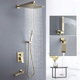 Badkamer douchesets verborgen geborsteld gouden douche set badkamer verborgen 3 -weg kraan douchesysteem set wand gemonteerd bad regendouche mixer kraan set T240422