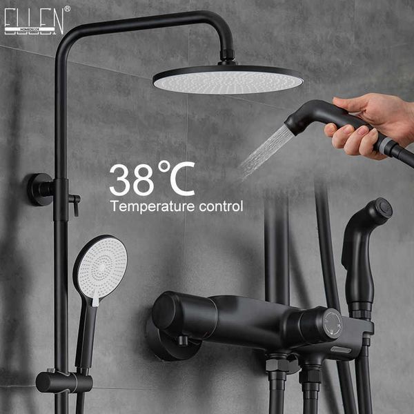 Juegos de ducha de baño Ellen Juego de grifos de ducha termostáticos Grifo de ducha de lluvia montado en la pared negro con grifo mezclador de baño Bdet Spray Frío caliente EL9407 G230525