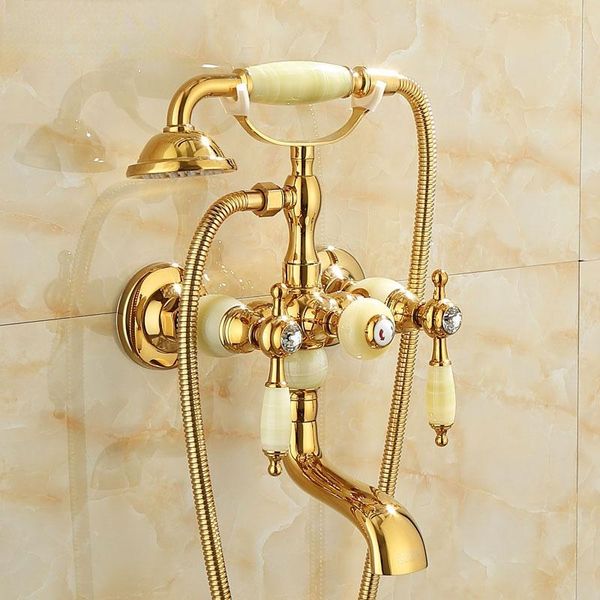 Ensembles de douche de salle de bains Ensemble doré de baignoire simple en jade naturel en cuivre de style européen