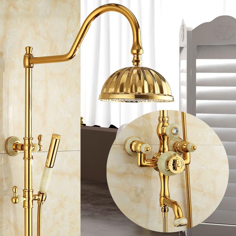 Badezimmer-Duschsets im europäischen Stil, natürliches Jade-Gold-Set und kalter, konstanter Temperatur, Viergang-Kupfer-Wasserhahn