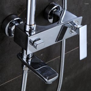 Badkamer douchesets kranen messing chroom badkuip kraan ronde buis enkele handgreep bovenste regen met schuifbalk muur water mixer kraan 877006