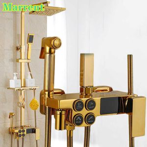 Badkamer douche sets gouden digitale badkamer doucheset van 9 inch roestvrijstalen regenval douchekop messing badkuip kraan thermostatisch douchesysteem G230525