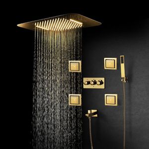 Juegos de ducha de baño, sistema de lluvia termostático dorado, cabezal de ducha de cascada de alta presión, grifo de Panel LED de techo con música Bluetooth