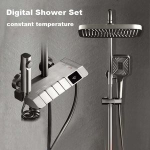 Badkamer douche sets grijs zwart piano digitale display doucheset intelligent messing badkamer kraan kraan kraan koude waterval tap regenval douchesysteem g230525