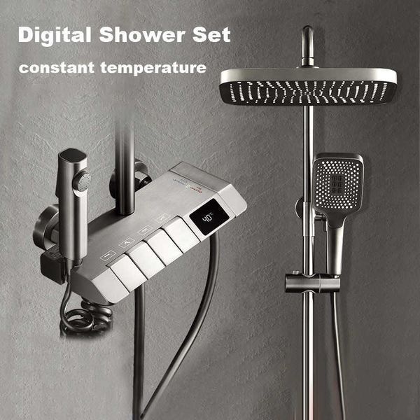 Ensembles de douche de salle de bain Gris Noir Piano Ensemble de douche à affichage numérique Robinet de salle de bain en laiton intelligent Robinet de cascade chaud et froid Système de douche à effet pluie G230525