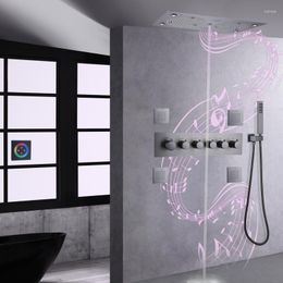 Badkamer douche sets pistool grijs thermostatische hoogwaardige led -kop kraanmuziek multi -functies mixer set regenval massage jets