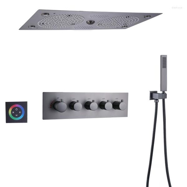 Ensembles de douche de salle de bains, ensemble supérieur thermostatique gris pistolet 620 320mm LED avec buse multifonction à main musicale