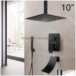 Badkamer douchesets Jieni 8/16 inch matte zwarte regenval kraan kraan LED bad regen vierkante kop waterval spray set 1011 druppel deli dhw5j