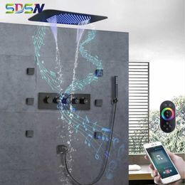 Badkamer douchesets led muziek verborgen doucheset messing zwart plafond verborgen badkamer douchesysteem plafond regenval douchekop waterval kraan G230525