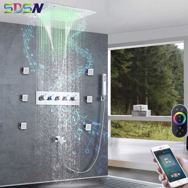 Conjuntos de ducha de baño Conjunto de ducha oculta de música LED Cascada Cabezal de ducha de lluvia Grifos de baño de latón Conjunto de ducha de baño de techo inteligente inteligente G230525