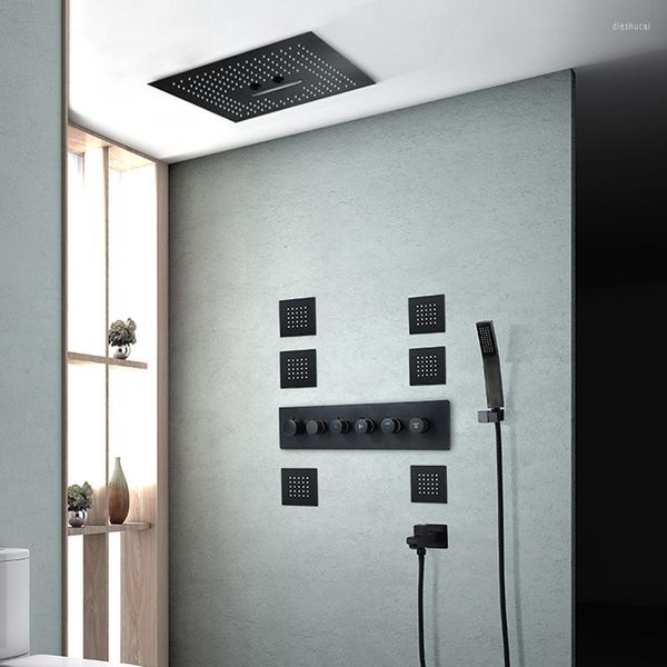 Ensembles de douche de salle de bains Systèmes luxueux Pommeaux de douche à effet de pluie de 16 pouces Robinets Cascade LED Set Mitigeur thermostatique de bain Noir mat