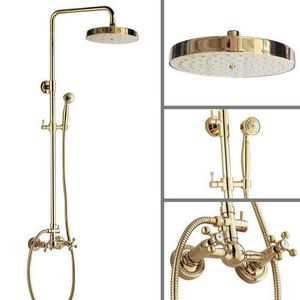 Juegos de ducha de baño Baño de lujo de latón de color dorado Montado en la pared Juego de grifo de ducha de lluvia redonda de 8 pulgadas Grifo mezclador de baño Ducha de mano mgf325 G230525