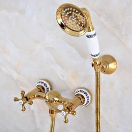 Ensembles de douche de salle de bain Luxury Polied Gold Brass Salle de bain Passage de salle de bain Fauce de douche Robinet mélangeur Double poignée croisée MNA971 T240422