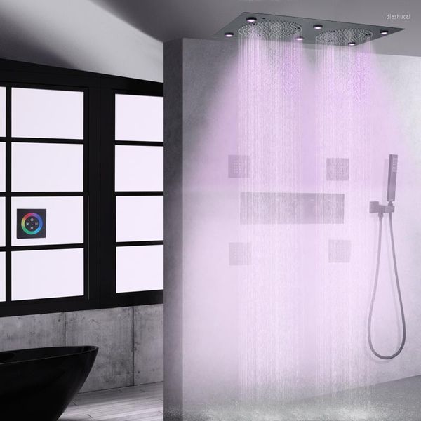 Ensembles de douche de salle de bain noir mat robinet de pluie thermostatique suspendu lumière LED colorée ensemble de tête de poche