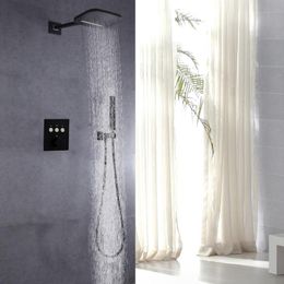 Juegos de ducha de baño Conjunto de grifo de cascada de lluvia superior termostático negro mate con mano de latón